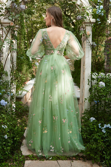 A-Line V-Neck Embroidery Green Long Ball Dress with Short Sleeves